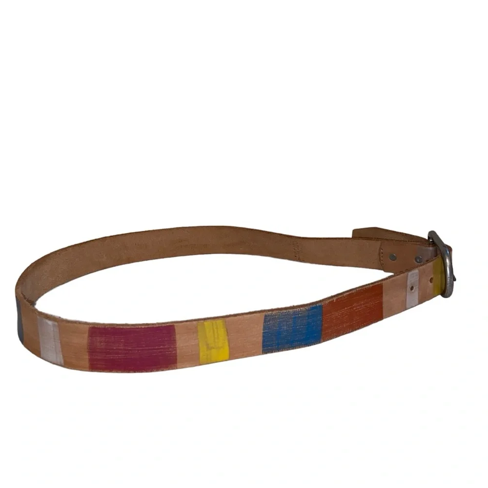 Genuine Leather Belt Made in India Multicolor Striped Silvertone Buckle 34-37”